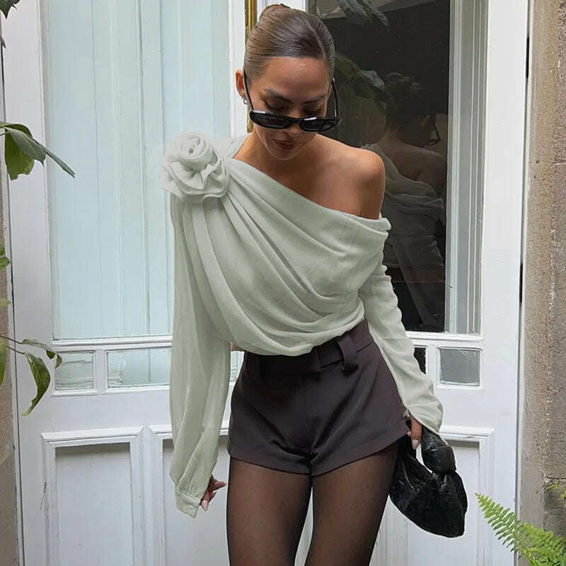 GACVGA Skew Collar Floral Mesh Chiffon Blouses Tops Tshirt Elegant T Shirt Fashion Crop Top See Through Women's Blouses & Shirts - Image 11