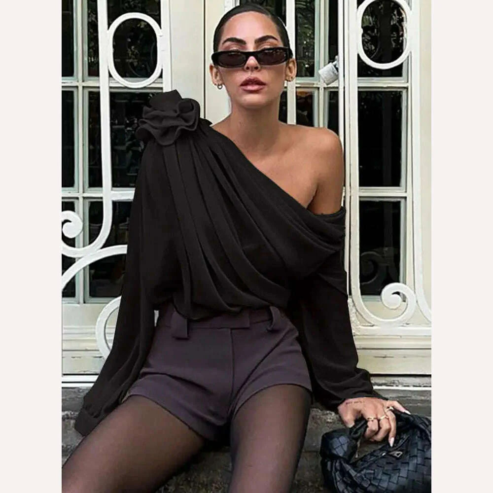 GACVGA Skew Collar Floral Mesh Chiffon Blouses Tops Tshirt Elegant T Shirt Fashion Crop Top See Through Women's Blouses & Shirts - Image 3