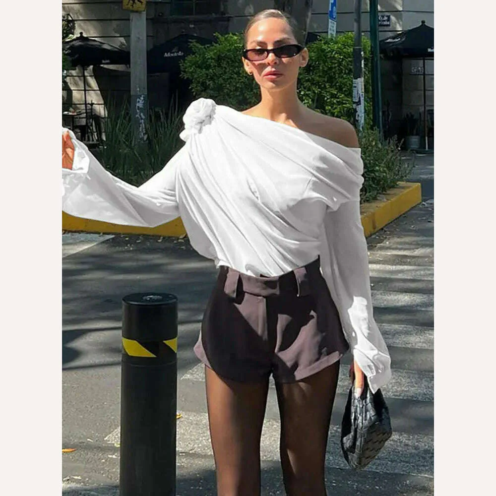 GACVGA Skew Collar Floral Mesh Chiffon Blouses Tops Tshirt Elegant T Shirt Fashion Crop Top See Through Women's Blouses & Shirts - Image 5