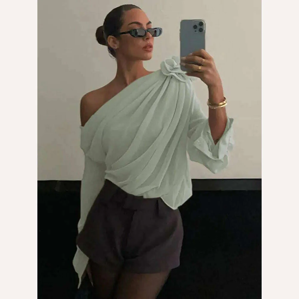 GACVGA Skew Collar Floral Mesh Chiffon Blouses Tops Tshirt Elegant T Shirt Fashion Crop Top See Through Women's Blouses & Shirts - Image 6