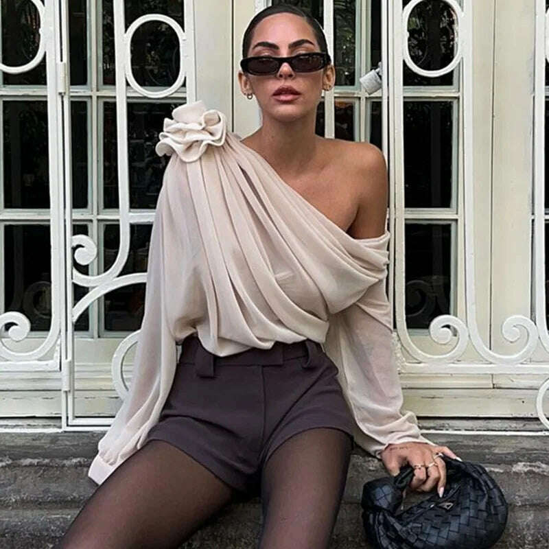 GACVGA Skew Collar Floral Mesh Chiffon Blouses Tops Tshirt Elegant T Shirt Fashion Crop Top See Through Women's Blouses & Shirts - Image 9