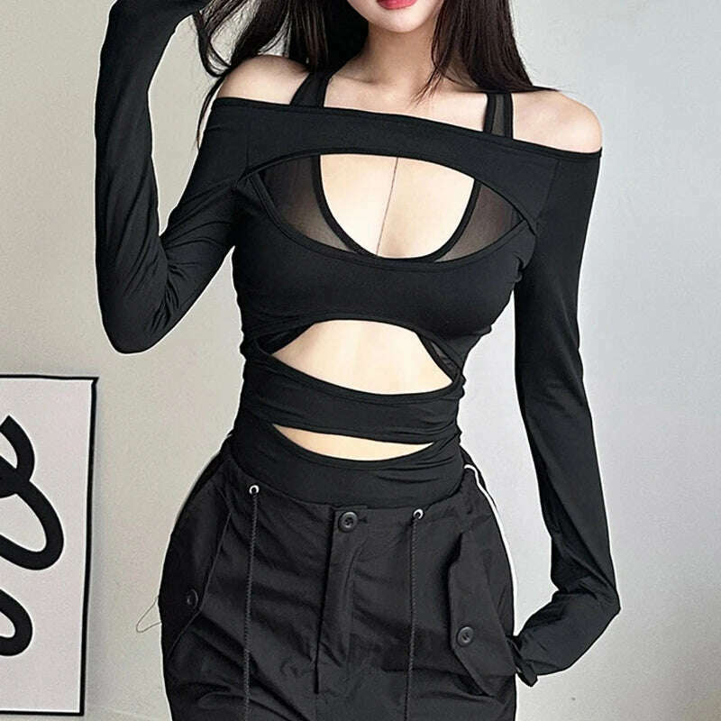 Goth Dark Cyber Y2k Punk Hollow Out Sexy Bodysuits Mall Gothic Bodycon Mesh Sheer T-shirts Women Long Sleeve Patchwork Bodysuit - Image 6