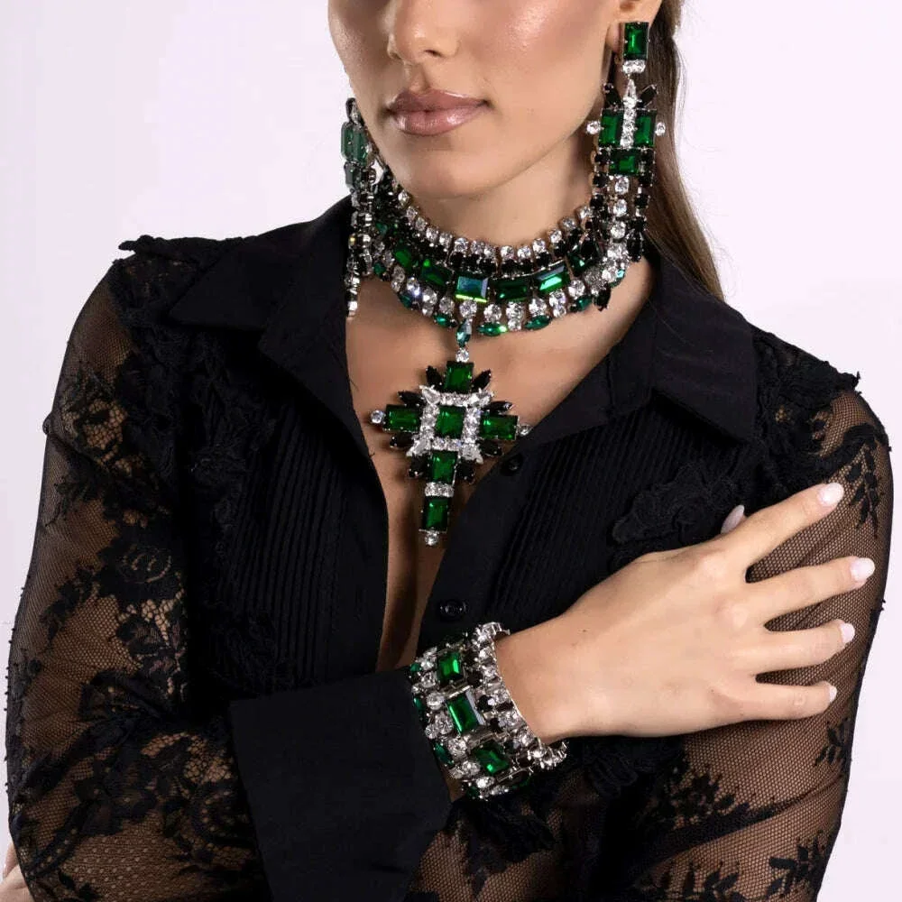 Green Corss Pendant Choker Bridal Collar Charms Party Accessories Statement Necklace Rhinestone Jewelry Pendant Wholesale Gift - Image 5