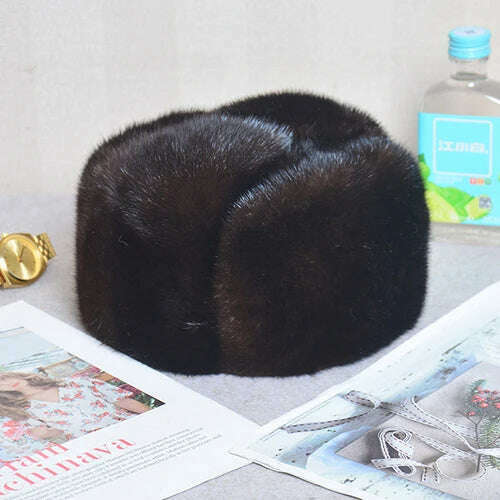 Hat Winter Men Real Mink Fur Cap Mens Winter Caps Mens Beanie Black Brown Russian Men Warm Knitted Hats Oversized - Image 4
