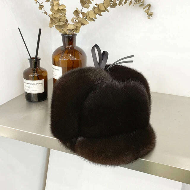Hat Winter Men Real Mink Fur Cap Mens Winter Caps Mens Beanie Black Brown Russian Men Warm Knitted Hats Oversized - Image 5