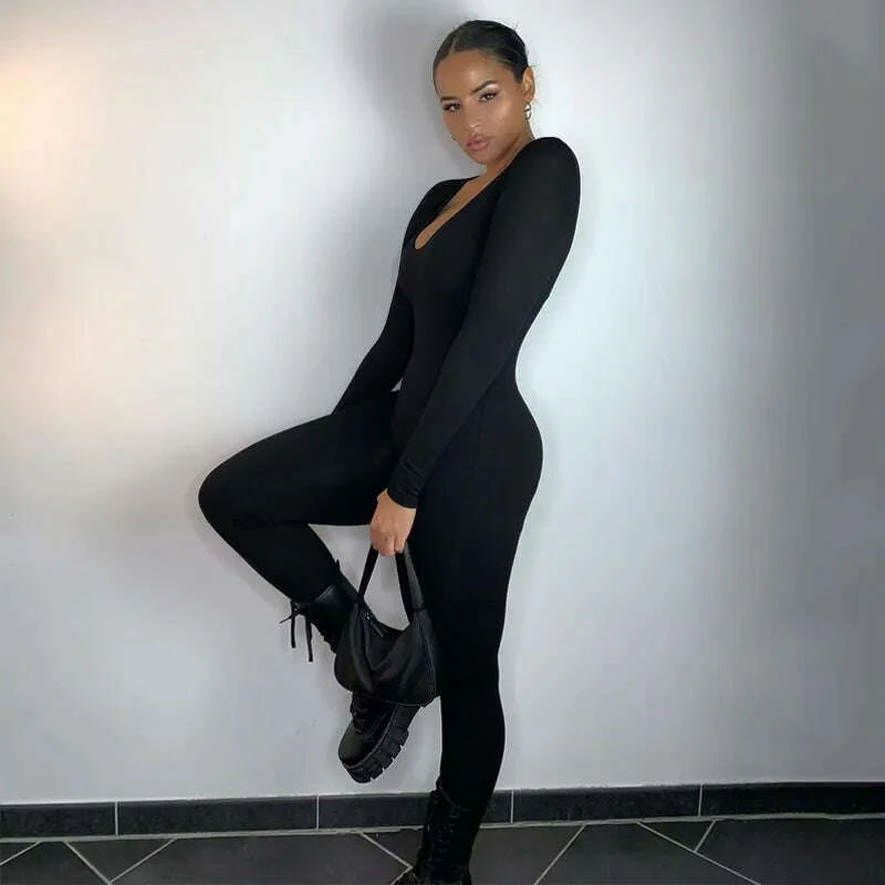 Hugcitar 2023 Long Sleeve Slash Neck Skinny Solid Stretchy Bodycon Jumpsuits Autumn Winter Women Fashion Streetwear Outfits Romp - Image 12