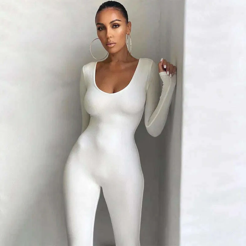 Hugcitar 2023 Long Sleeve Slash Neck Skinny Solid Stretchy Bodycon Jumpsuits Autumn Winter Women Fashion Streetwear Outfits Romp - Image 14