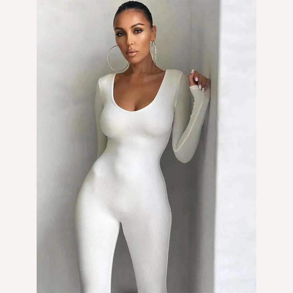 Hugcitar 2023 Long Sleeve Slash Neck Skinny Solid Stretchy Bodycon Jumpsuits Autumn Winter Women Fashion Streetwear Outfits Romp - Image 3