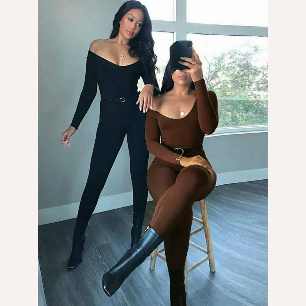 Hugcitar 2023 Long Sleeve Slash Neck Skinny Solid Stretchy Bodycon Jumpsuits Autumn Winter Women Fashion Streetwear Outfits Romp - Image 5