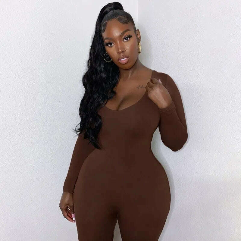 Hugcitar 2023 Long Sleeve Slash Neck Skinny Solid Stretchy Bodycon Jumpsuits Autumn Winter Women Fashion Streetwear Outfits Romp - Image 8