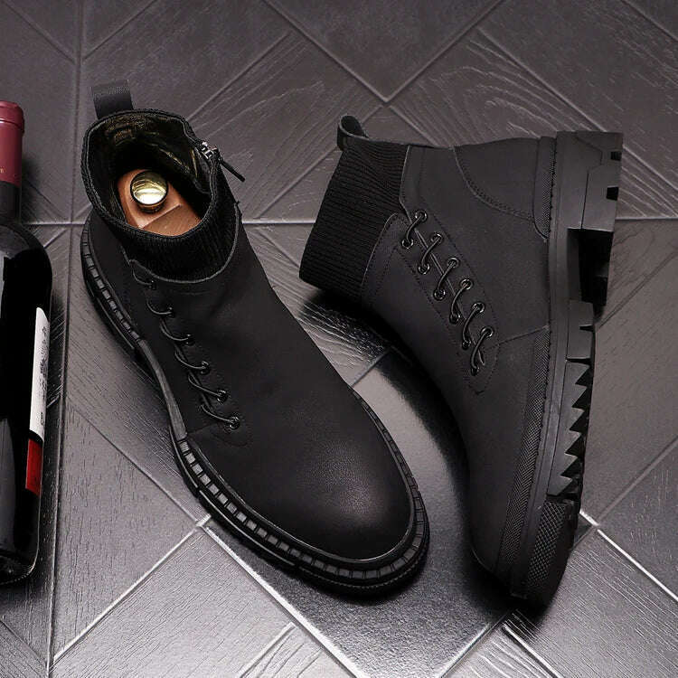 italian brand designer mens leisure cowboy boots natural leather platform shoes black autumn winter ankle boot short botas male - Image 5