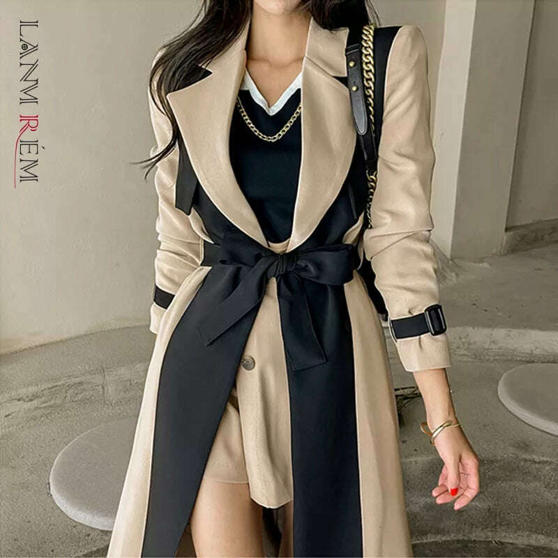 LANMREM Elegant Notched Collar Lady Patchwork Windbreaker Full Sleeve Buttons Belted Women Long Trench Coats 2023 Winter 2W1922 - Image 3