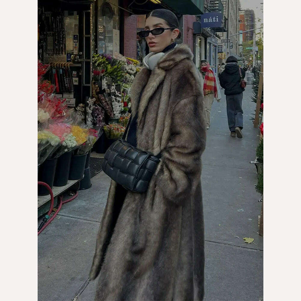 Lapel Collar Faux Fur Overcoat For Women Vintage Long Sleeve Plush Warm Coat 2024 New Fashion Lady High Street Outwears - Image 4