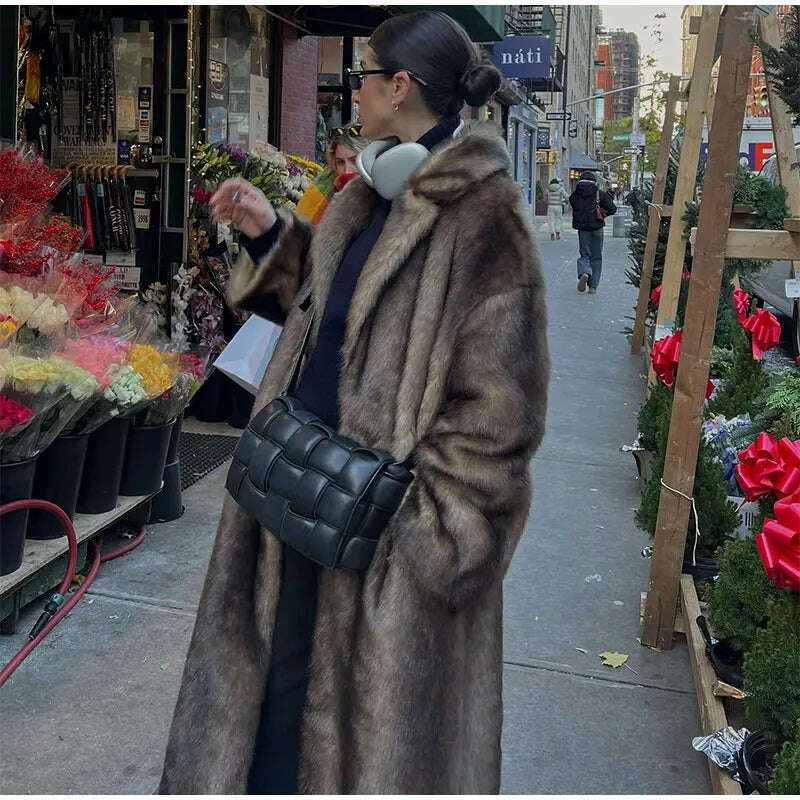 Lapel Collar Faux Fur Overcoat For Women Vintage Long Sleeve Plush Warm Coat 2024 New Fashion Lady High Street Outwears - Image 6