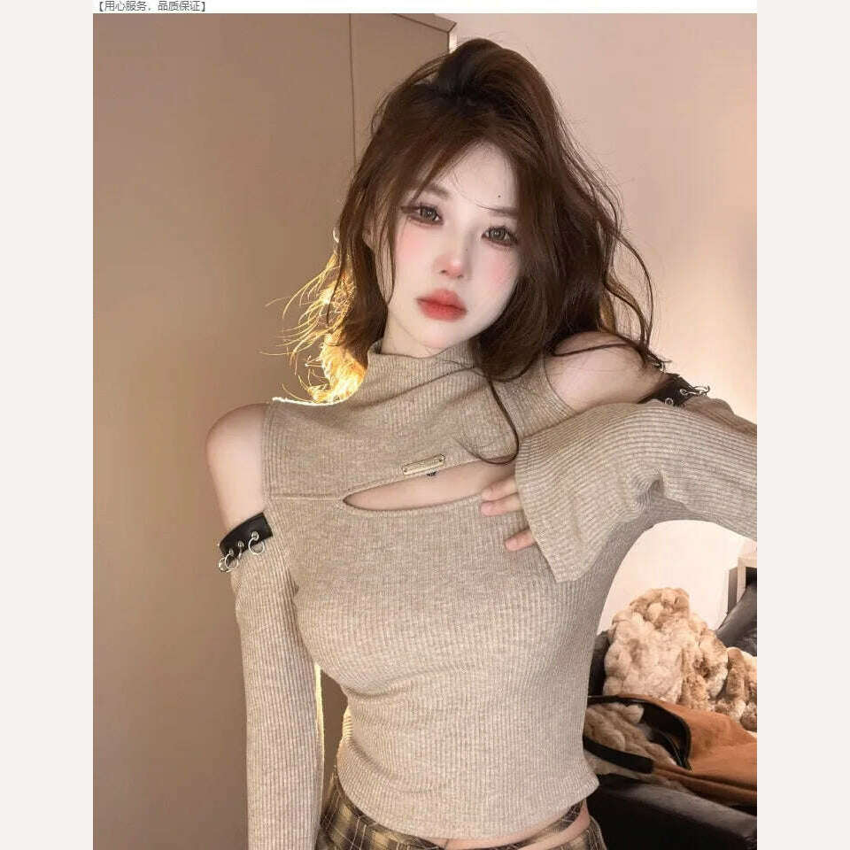Long Sleeve T-shirts Women Hollow Out Spliced Slim-fit Sexy Autumn Turtleneck All-match Off Shoulder Hot Girls Streetwear Soft - Image 12