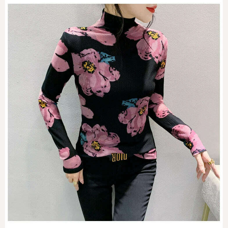 MadBlack European Clothes Tshirt Women Turtleneck Fashion Print Slim Mesh Tops Long Sleeve Workwear Tees Autumn Winter T30692JC - Image 8