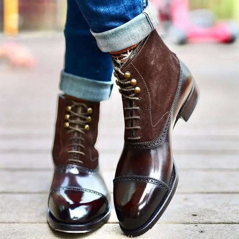 Men Short Boots Brown Bullock Flock Lace-up Square Toe Handmade Business Ankle Shoes for Men with Free Shipping Zapatos Hombre - Image 12