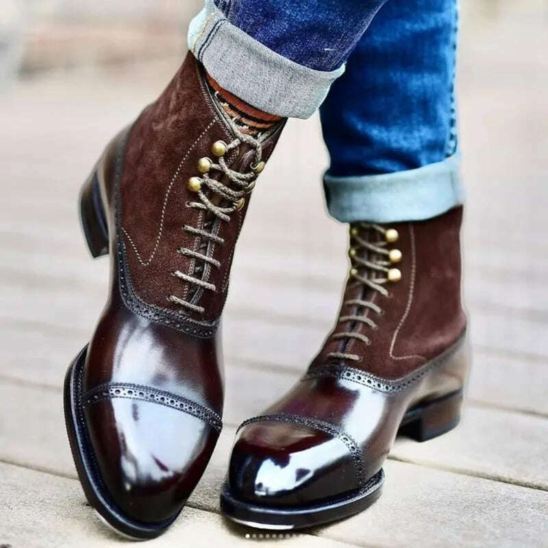 Men Short Boots Brown Bullock Flock Lace-up Square Toe Handmade Business Ankle Shoes for Men with Free Shipping Zapatos Hombre - Image 4