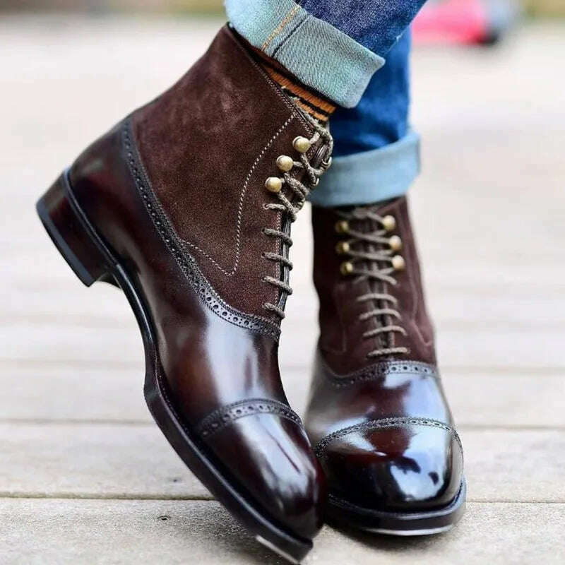 Men Short Boots Brown Bullock Flock Lace-up Square Toe Handmade Business Ankle Shoes for Men with Free Shipping Zapatos Hombre - Image 5