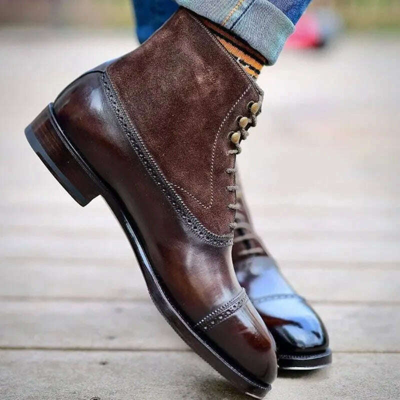 Men Short Boots Brown Bullock Flock Lace-up Square Toe Handmade Business Ankle Shoes for Men with Free Shipping Zapatos Hombre - Image 7