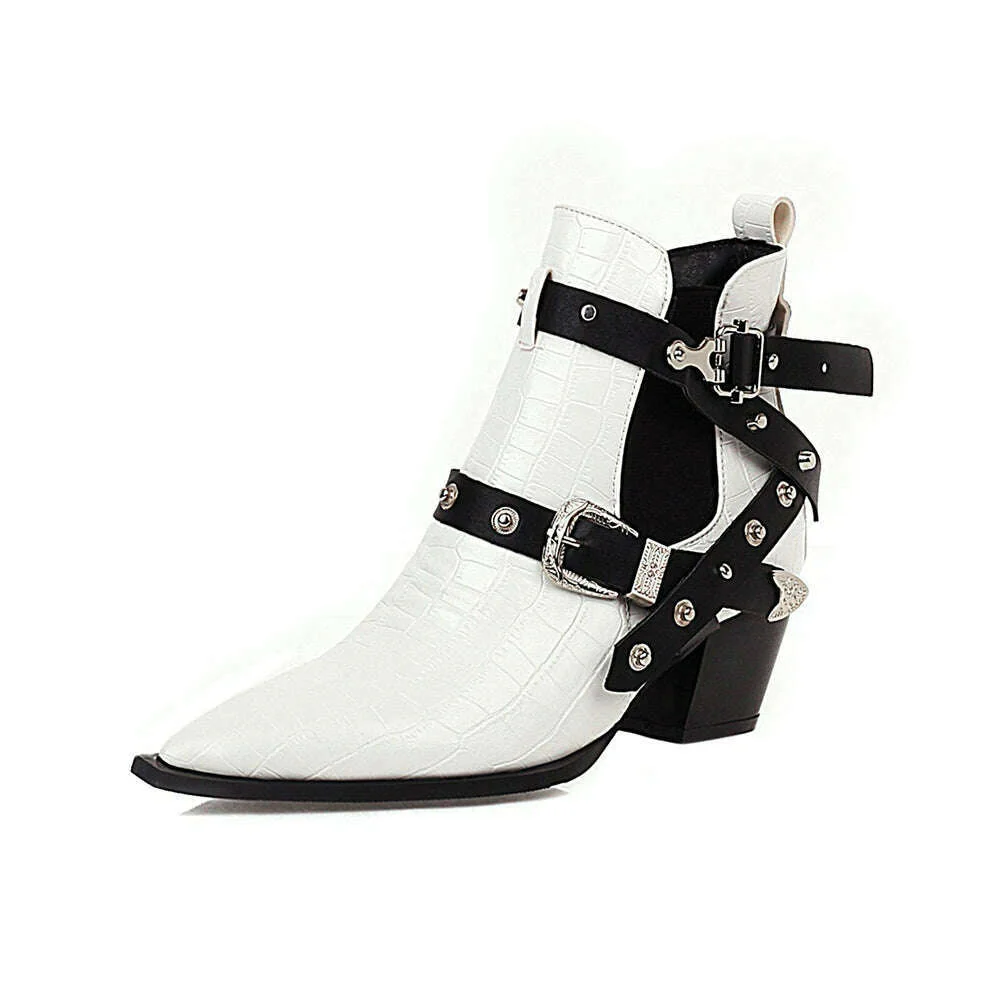 Motorcycle Western Cowboy Boots Women Snake PU Leather Short Cossacks High Heels Pointed Cowgirl Booties Buckle Womens Shoes - Image 10