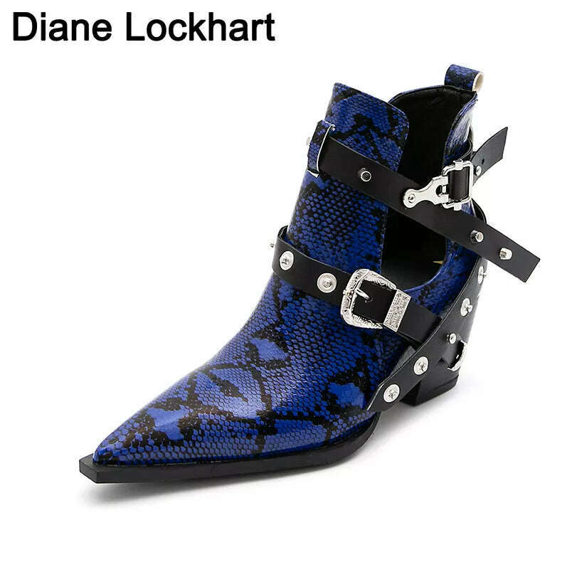 Motorcycle Western Cowboy Boots Women Snake PU Leather Short Cossacks High Heels Pointed Cowgirl Booties Buckle Womens Shoes - Image 11