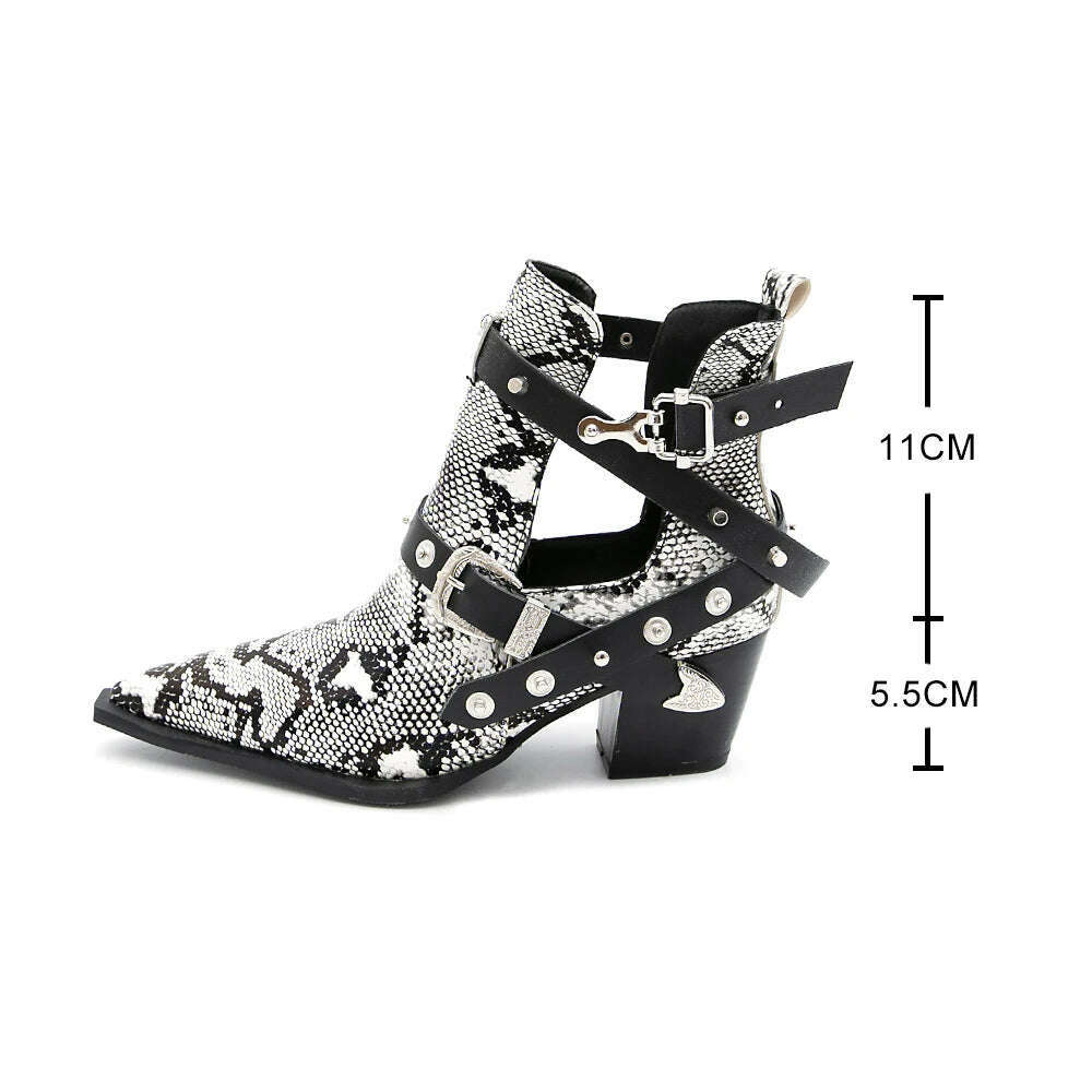 Motorcycle Western Cowboy Boots Women Snake PU Leather Short Cossacks High Heels Pointed Cowgirl Booties Buckle Womens Shoes - Image 13