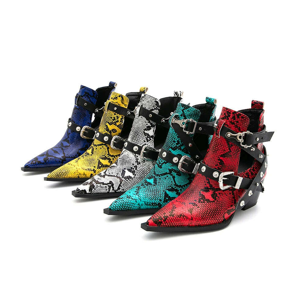 Motorcycle Western Cowboy Boots Women Snake PU Leather Short Cossacks High Heels Pointed Cowgirl Booties Buckle Womens Shoes - Image 14