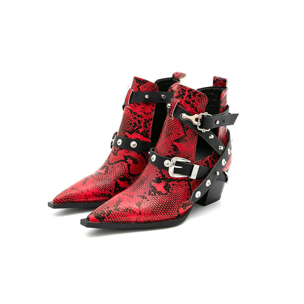 Motorcycle Western Cowboy Boots Women Snake PU Leather Short Cossacks High Heels Pointed Cowgirl Booties Buckle Womens Shoes - Image 18