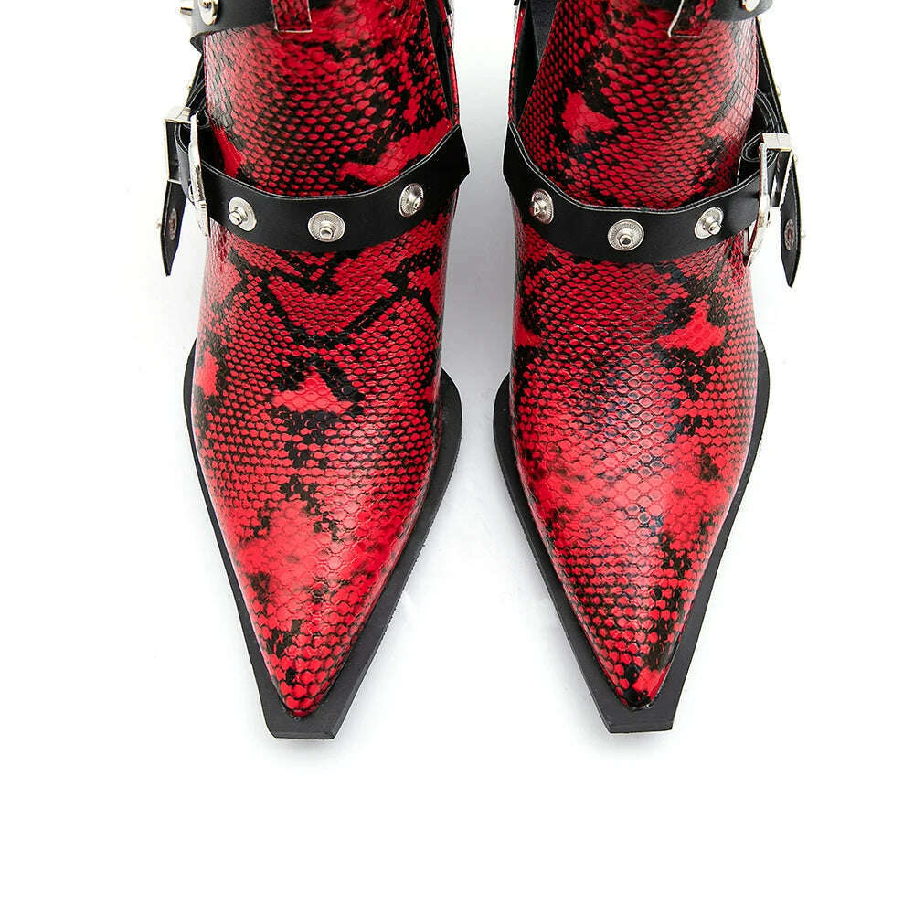Motorcycle Western Cowboy Boots Women Snake PU Leather Short Cossacks High Heels Pointed Cowgirl Booties Buckle Womens Shoes - Image 19