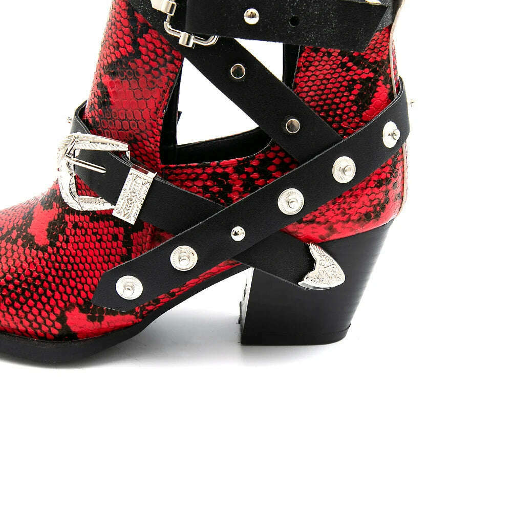 Motorcycle Western Cowboy Boots Women Snake PU Leather Short Cossacks High Heels Pointed Cowgirl Booties Buckle Womens Shoes - Image 20