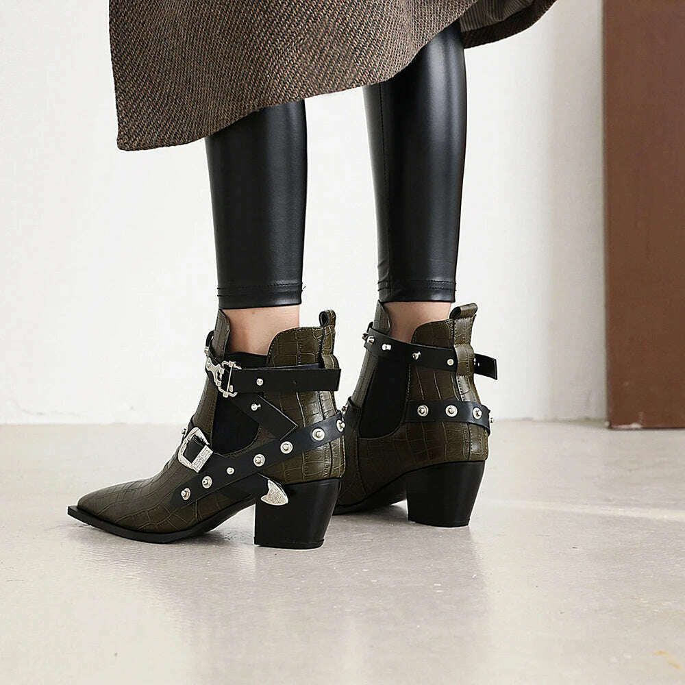 Motorcycle Western Cowboy Boots Women Snake PU Leather Short Cossacks High Heels Pointed Cowgirl Booties Buckle Womens Shoes - Image 21