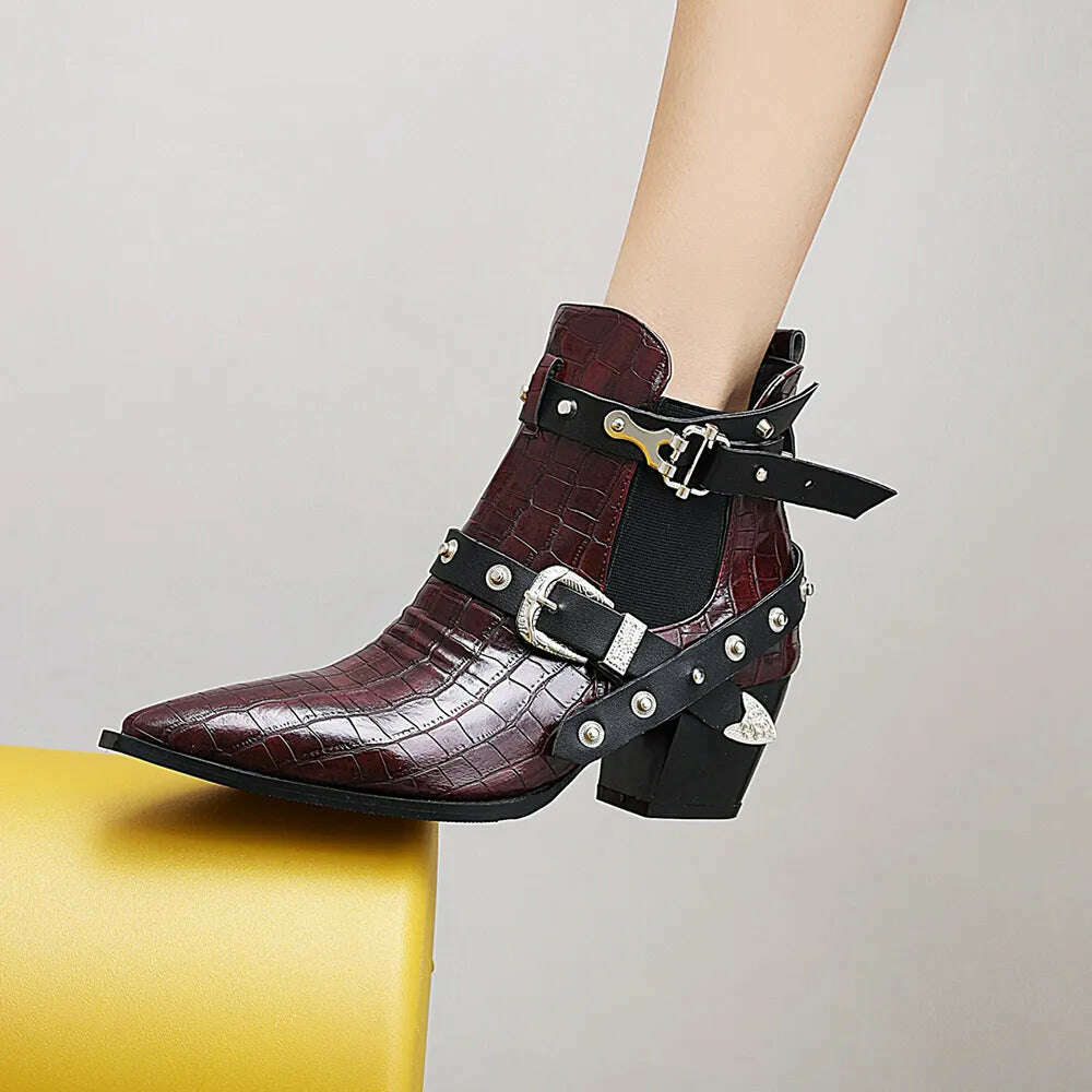 Motorcycle Western Cowboy Boots Women Snake PU Leather Short Cossacks High Heels Pointed Cowgirl Booties Buckle Womens Shoes - Image 22