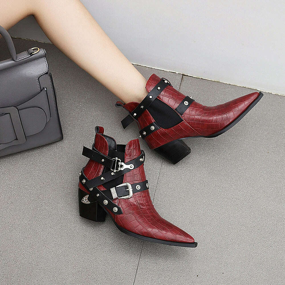 Motorcycle Western Cowboy Boots Women Snake PU Leather Short Cossacks High Heels Pointed Cowgirl Booties Buckle Womens Shoes - Image 24