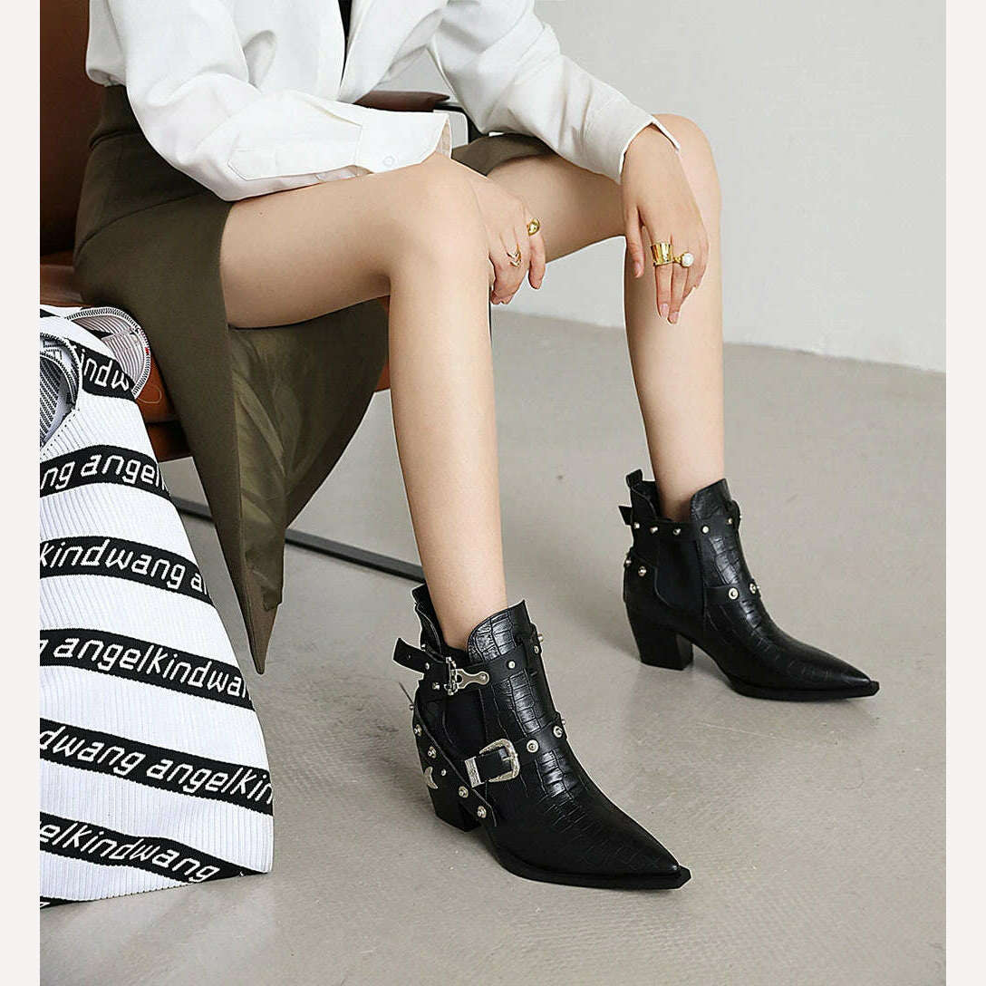 Motorcycle Western Cowboy Boots Women Snake PU Leather Short Cossacks High Heels Pointed Cowgirl Booties Buckle Womens Shoes - Image 26