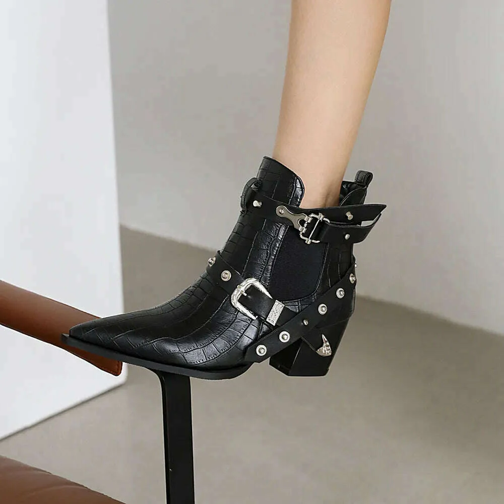 Motorcycle Western Cowboy Boots Women Snake PU Leather Short Cossacks High Heels Pointed Cowgirl Booties Buckle Womens Shoes - Image 27