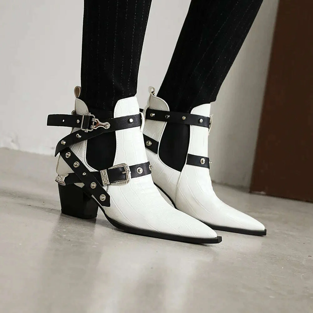 Motorcycle Western Cowboy Boots Women Snake PU Leather Short Cossacks High Heels Pointed Cowgirl Booties Buckle Womens Shoes - Image 28