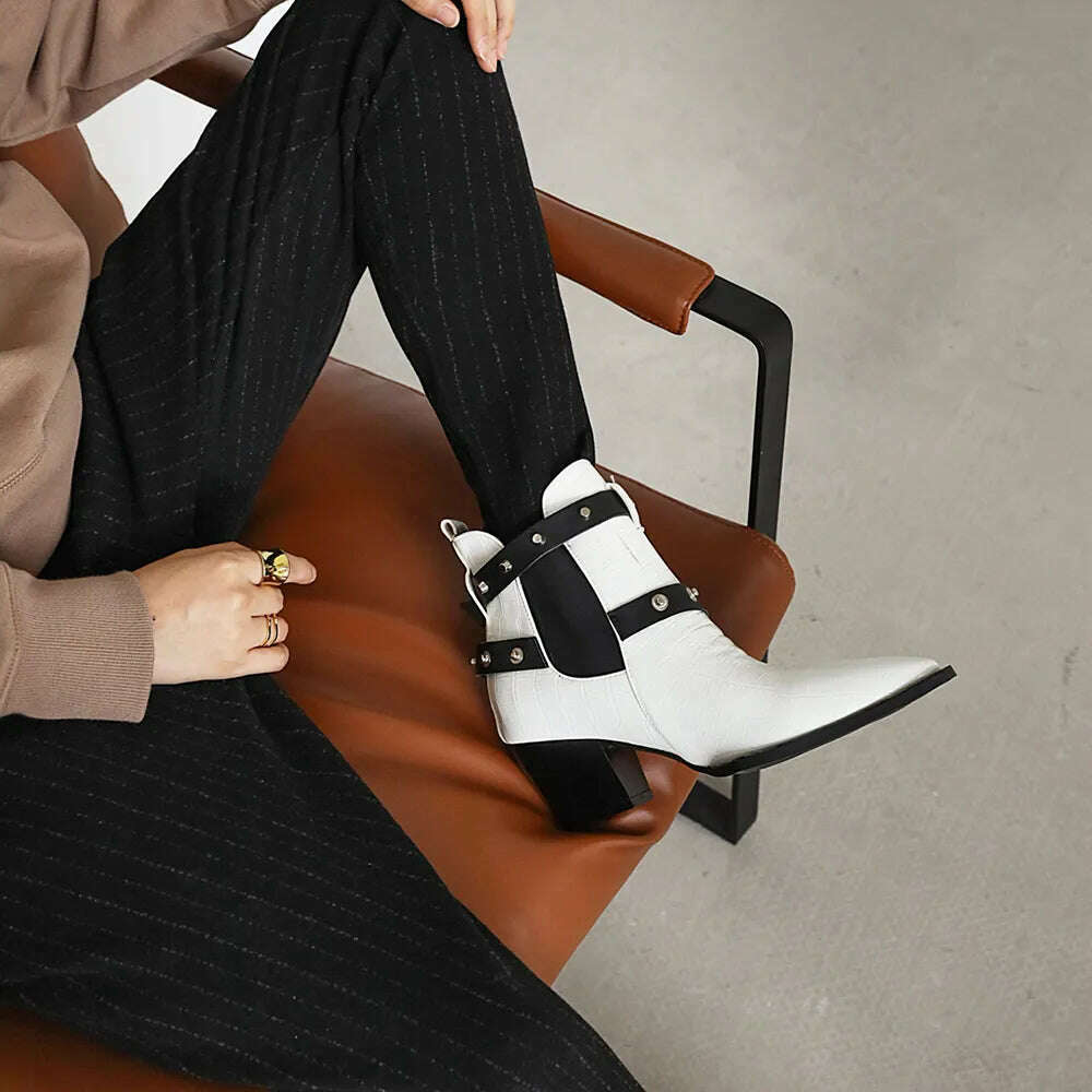 Motorcycle Western Cowboy Boots Women Snake PU Leather Short Cossacks High Heels Pointed Cowgirl Booties Buckle Womens Shoes - Image 29