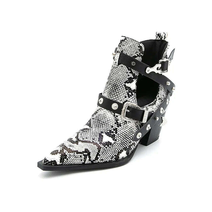 Motorcycle Western Cowboy Boots Women Snake PU Leather Short Cossacks High Heels Pointed Cowgirl Booties Buckle Womens Shoes - Image 3