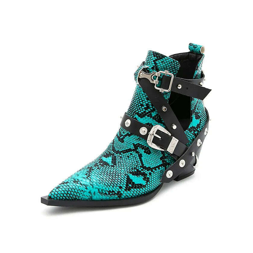 Motorcycle Western Cowboy Boots Women Snake PU Leather Short Cossacks High Heels Pointed Cowgirl Booties Buckle Womens Shoes - Image 4