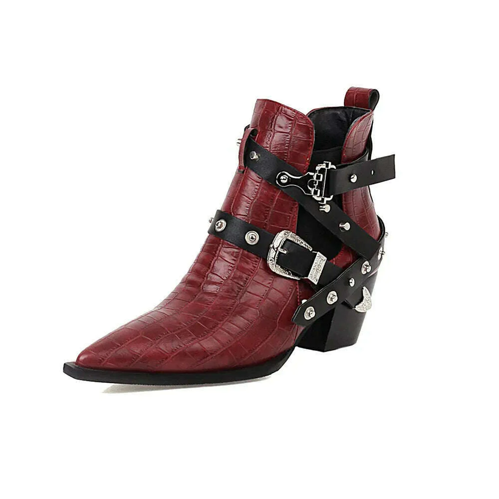 Motorcycle Western Cowboy Boots Women Snake PU Leather Short Cossacks High Heels Pointed Cowgirl Booties Buckle Womens Shoes - Image 5