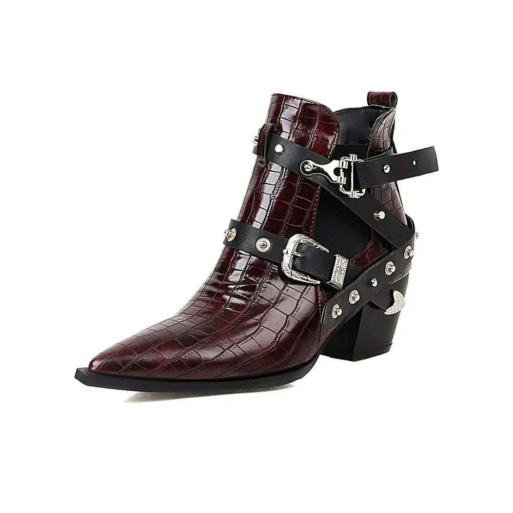 Motorcycle Western Cowboy Boots Women Snake PU Leather Short Cossacks High Heels Pointed Cowgirl Booties Buckle Womens Shoes - Image 6