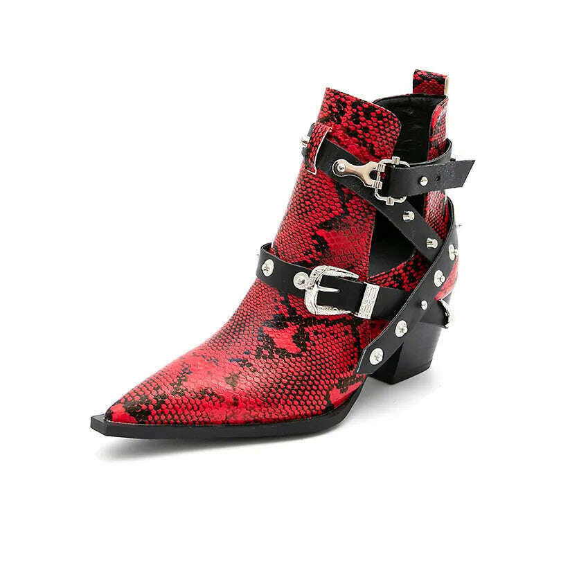 Motorcycle Western Cowboy Boots Women Snake PU Leather Short Cossacks High Heels Pointed Cowgirl Booties Buckle Womens Shoes - Image 7