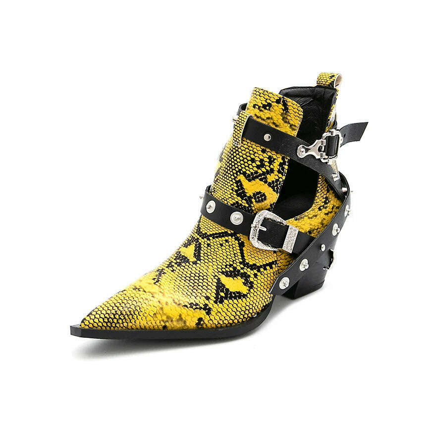 Motorcycle Western Cowboy Boots Women Snake PU Leather Short Cossacks High Heels Pointed Cowgirl Booties Buckle Womens Shoes - Image 8