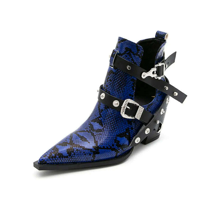 Motorcycle Western Cowboy Boots Women Snake PU Leather Short Cossacks High Heels Pointed Cowgirl Booties Buckle Womens Shoes - Image 9
