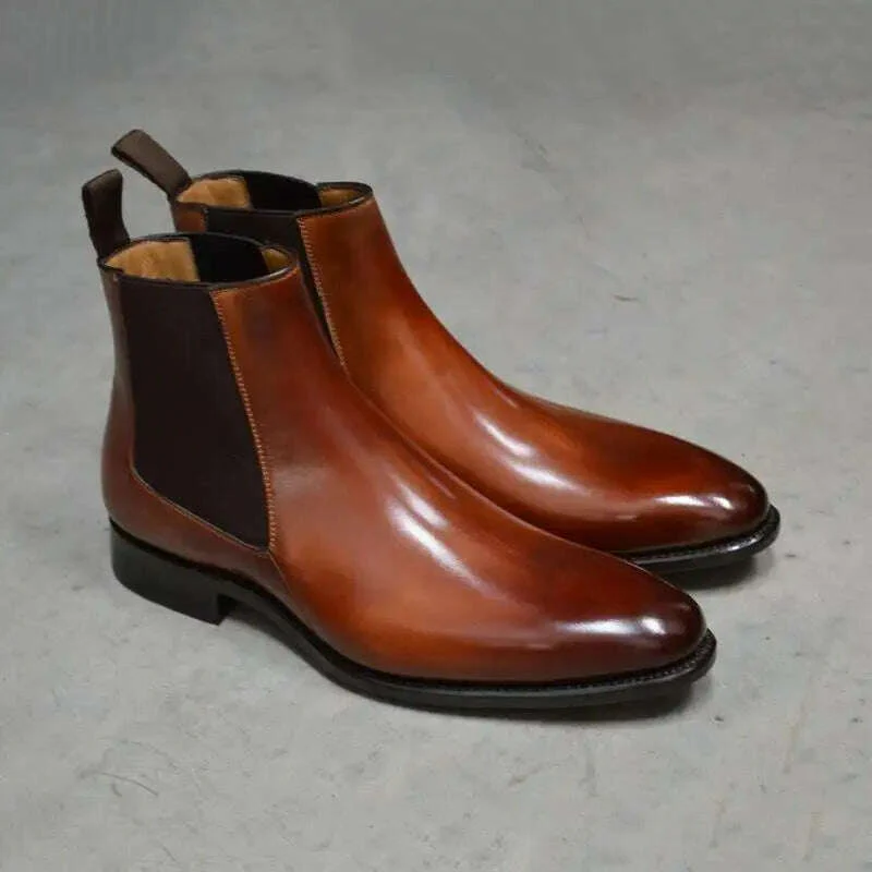New Brown Chelsea Boots for Men Black Business Handmade Men's Short Boots Round Toe Slip-On Ankle Boots Free Shipping - Image 5