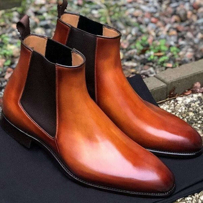 New Brown Chelsea Boots for Men Black Business Handmade Men's Short Boots Round Toe Slip-On Ankle Boots Free Shipping - Image 8