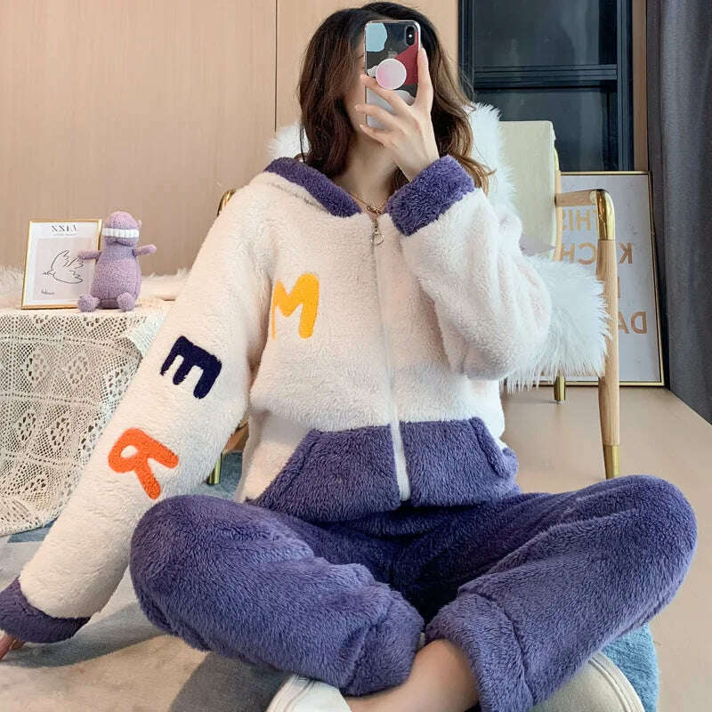 Novelty Pajamas Winter Hooded Thick Flannel Pajamas Set Fat Laides Velvet Nightwear Sweatshirt Warm Kawaii Home Clothes - Image 23