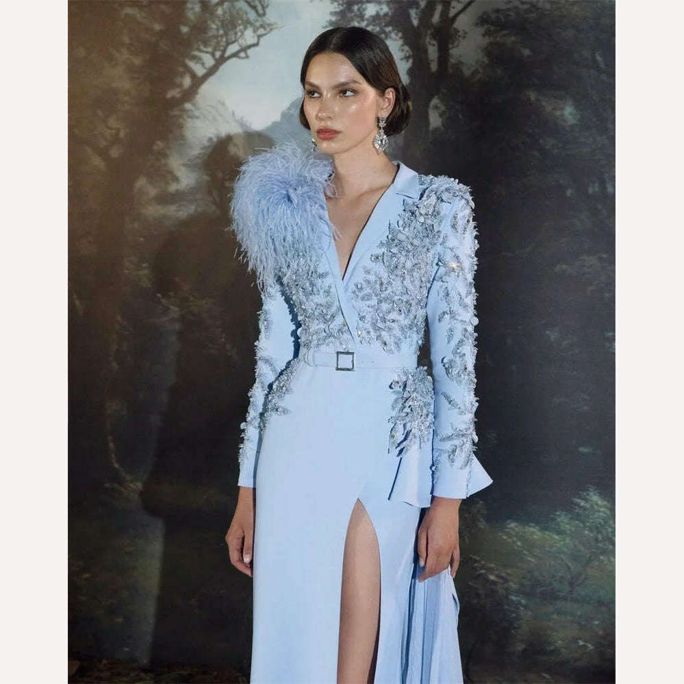 Ostrich Feather Wrap Women Long Prom Dress With Belt Luxury Appliqued Beads Evening Party Gowns Side Split Jacket Custom Made - Image 3