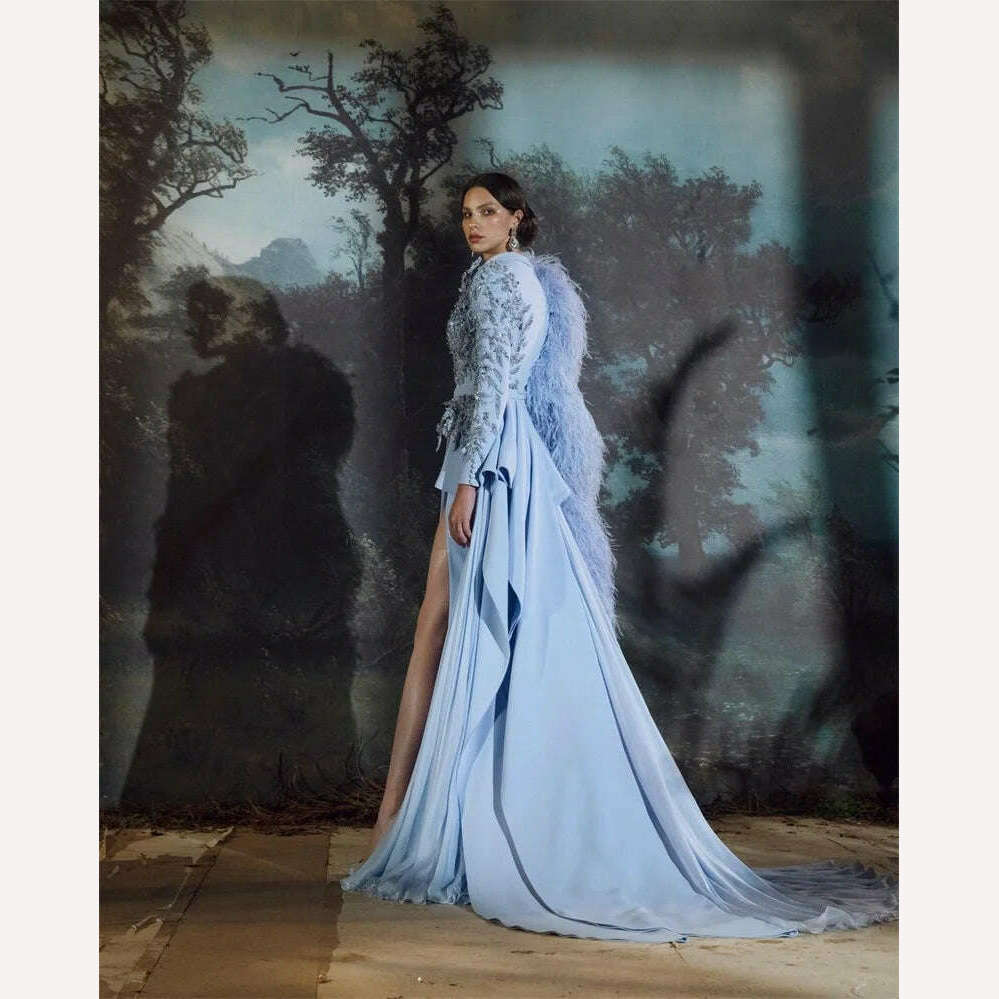 Ostrich Feather Wrap Women Long Prom Dress With Belt Luxury Appliqued Beads Evening Party Gowns Side Split Jacket Custom Made - Image 4